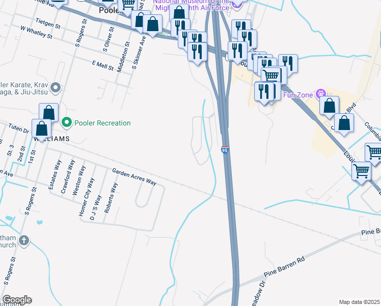 map of restaurants, bars, coffee shops, grocery stores, and more near in Pooler