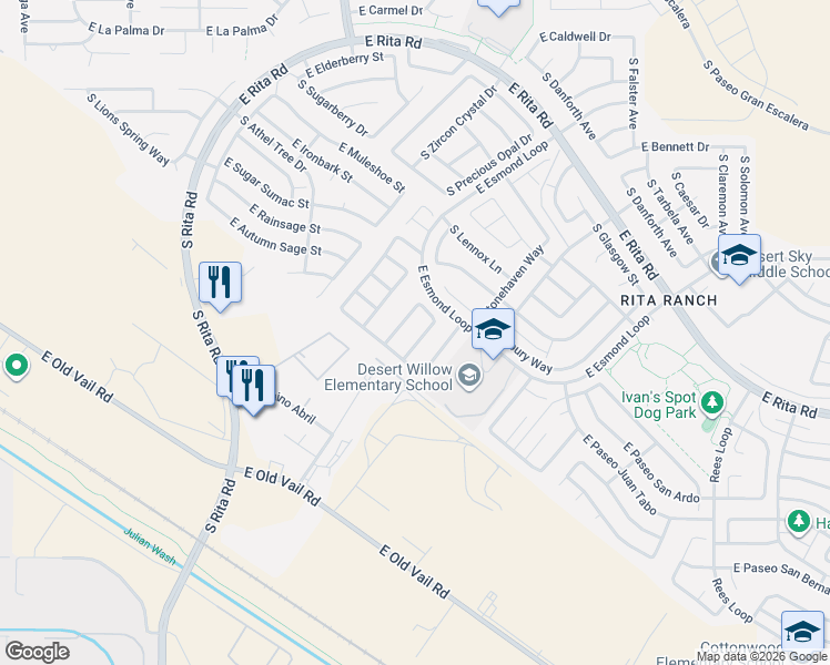 map of restaurants, bars, coffee shops, grocery stores, and more near 8064 South High Canyon Drive in Tucson