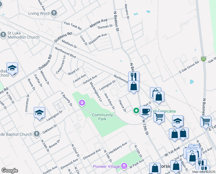 map of restaurants, bars, coffee shops, grocery stores, and more near 521 Stanford Street in Corsicana