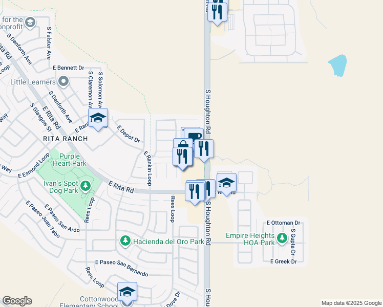 map of restaurants, bars, coffee shops, grocery stores, and more near 8080 South Houghton Road in Tucson