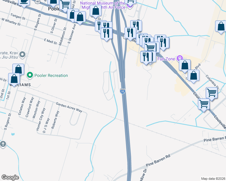 map of restaurants, bars, coffee shops, grocery stores, and more near 566 Governor Treutlen Circle in Pooler