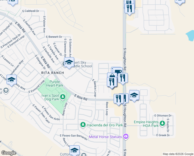map of restaurants, bars, coffee shops, grocery stores, and more near 8032 South Sunrise Meadow Drive in Tucson