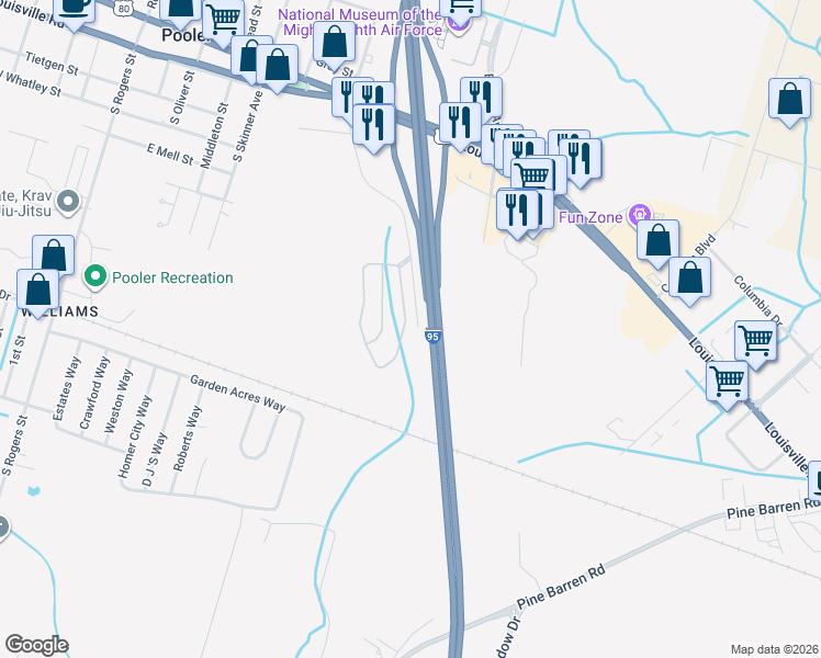 map of restaurants, bars, coffee shops, grocery stores, and more near 566 Governor Treutlen Circle in Pooler