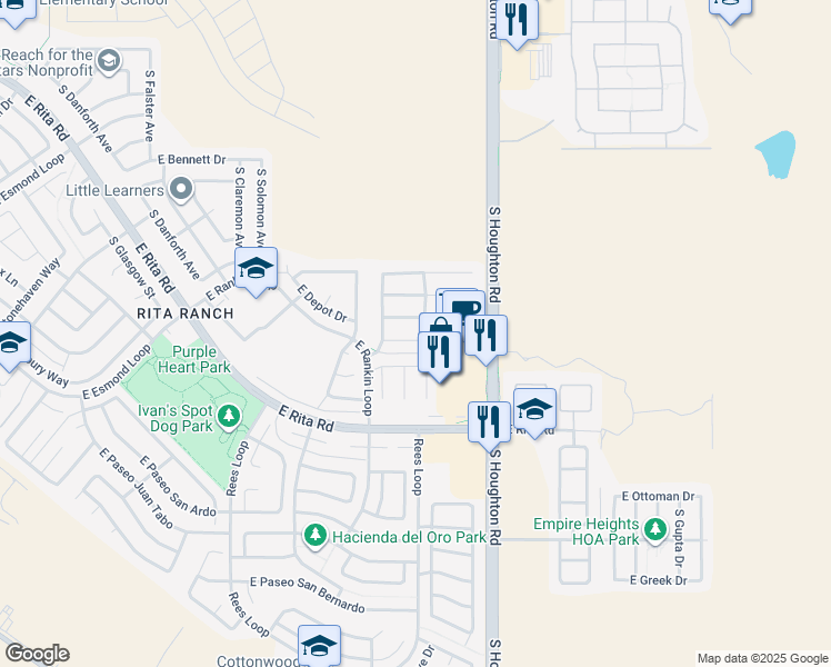 map of restaurants, bars, coffee shops, grocery stores, and more near 10196 East Rainbow Meadow Drive in Tucson