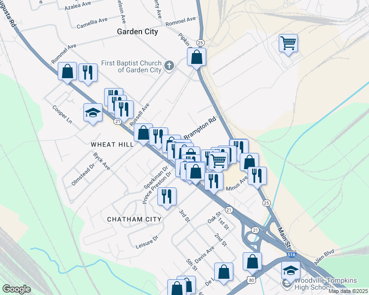 map of restaurants, bars, coffee shops, grocery stores, and more near 55 Brampton Road in Savannah