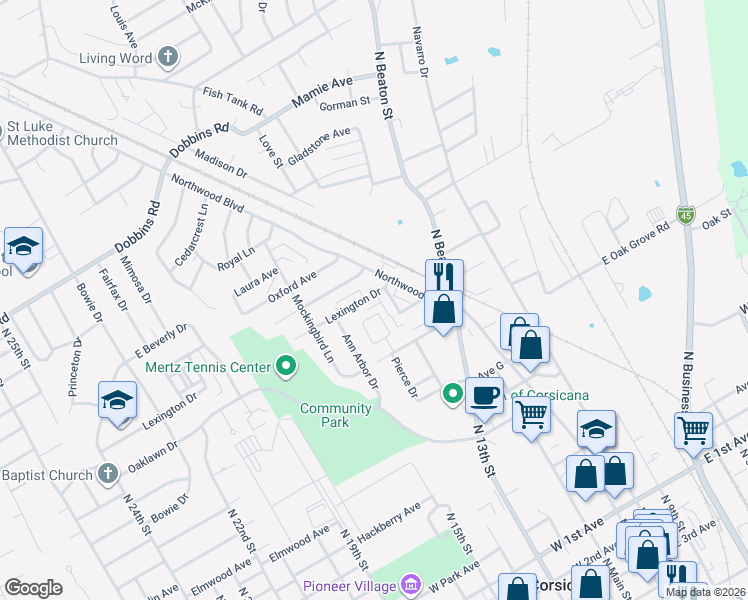 map of restaurants, bars, coffee shops, grocery stores, and more near 505 Lexington Drive in Corsicana
