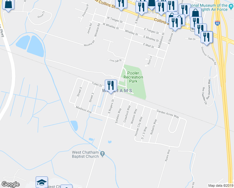 map of restaurants, bars, coffee shops, grocery stores, and more near 1108 South Rogers Street in Pooler
