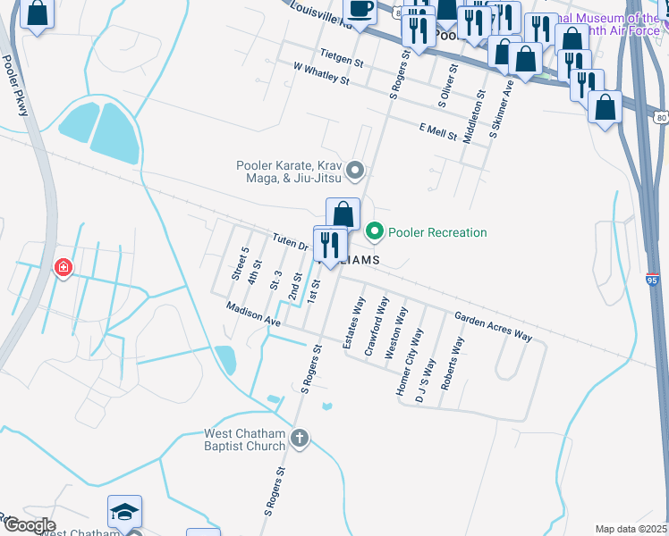 map of restaurants, bars, coffee shops, grocery stores, and more near 1108 South Rogers Street in Pooler