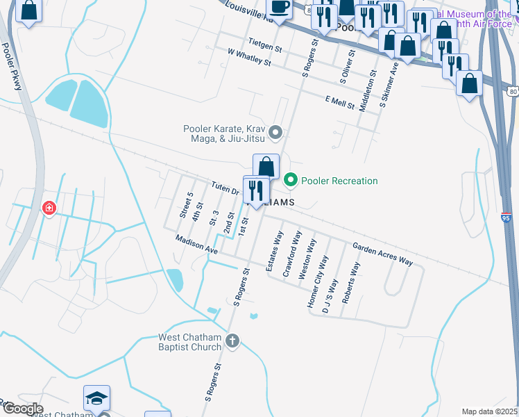 map of restaurants, bars, coffee shops, grocery stores, and more near 1108 South Rogers Street in Pooler