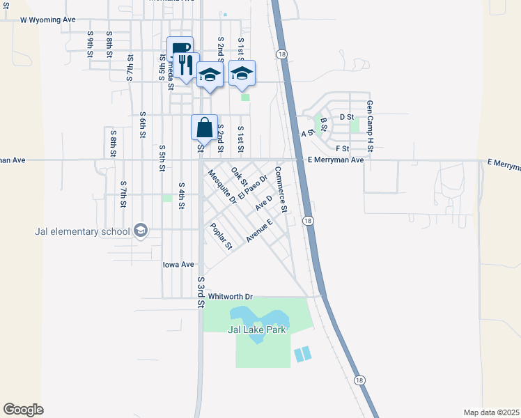 map of restaurants, bars, coffee shops, grocery stores, and more near 901 Oak Street in Jal