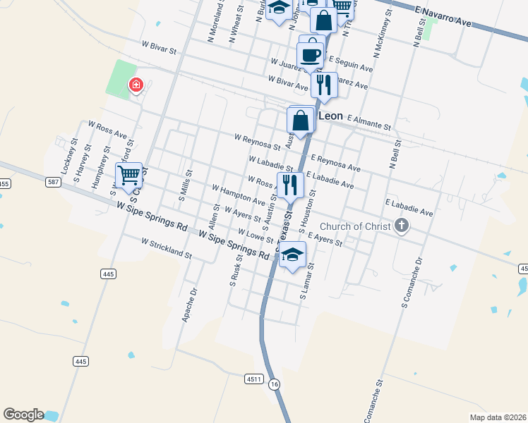 map of restaurants, bars, coffee shops, grocery stores, and more near 416 South Austin Street in De Leon