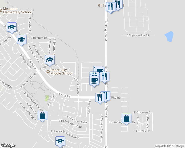 map of restaurants, bars, coffee shops, grocery stores, and more near 10196 East Rainbow Meadow Drive in Tucson