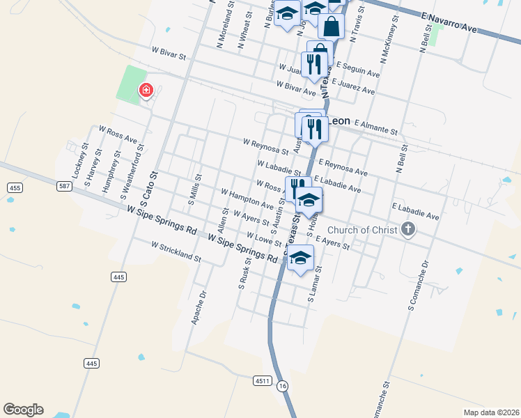 map of restaurants, bars, coffee shops, grocery stores, and more near 416 South Austin Street in De Leon
