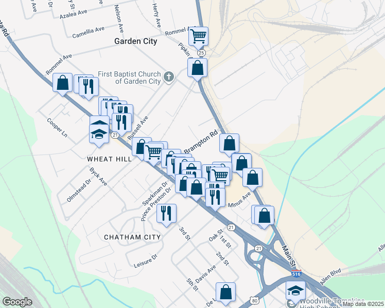 map of restaurants, bars, coffee shops, grocery stores, and more near 55 Brampton Road in Savannah