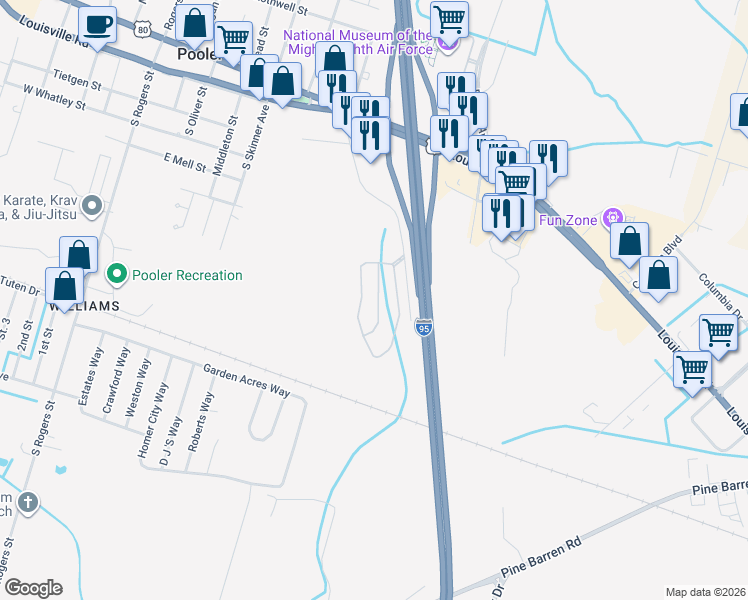 map of restaurants, bars, coffee shops, grocery stores, and more near in Pooler