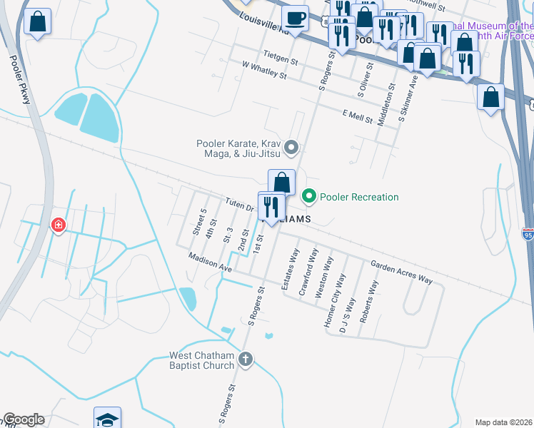 map of restaurants, bars, coffee shops, grocery stores, and more near 1st Street in Pooler