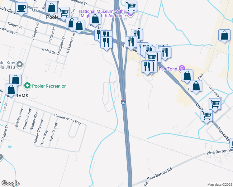map of restaurants, bars, coffee shops, grocery stores, and more near 566 Governor Treutlen Circle in Pooler