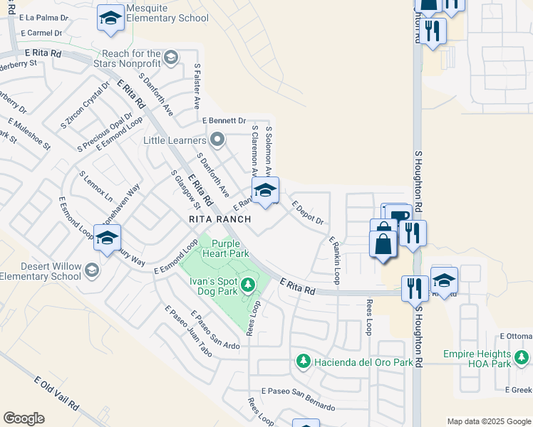 map of restaurants, bars, coffee shops, grocery stores, and more near 9850 East Rankin Loop in Tucson