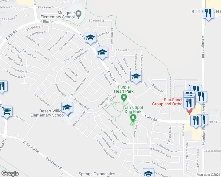 map of restaurants, bars, coffee shops, grocery stores, and more near 9650 East Shetland Place in Tucson