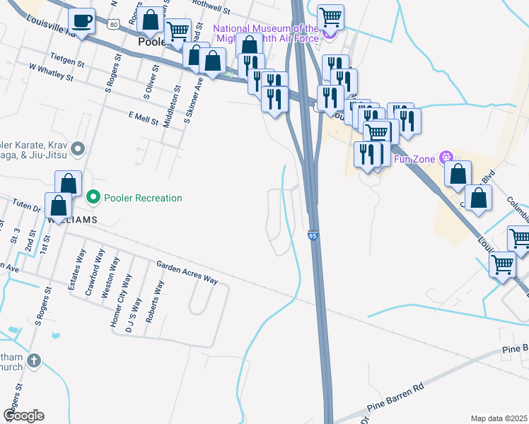 map of restaurants, bars, coffee shops, grocery stores, and more near in Pooler
