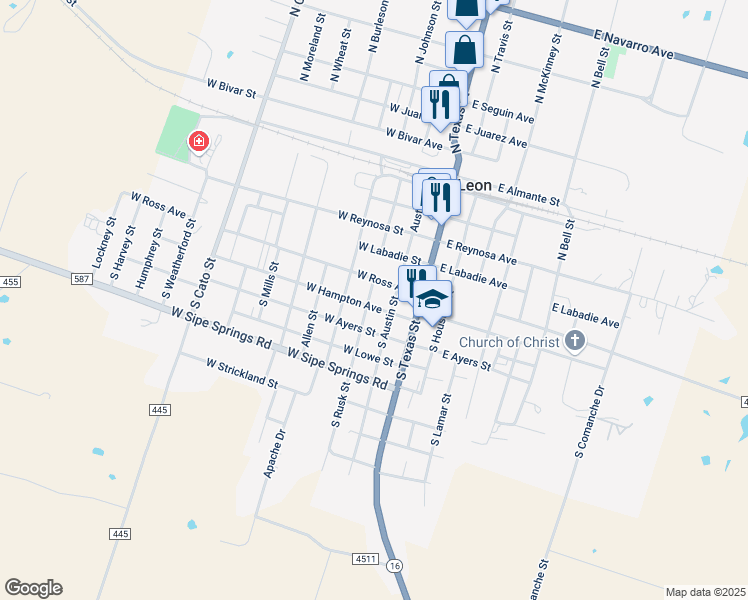 map of restaurants, bars, coffee shops, grocery stores, and more near 240 West Ross Avenue in De Leon