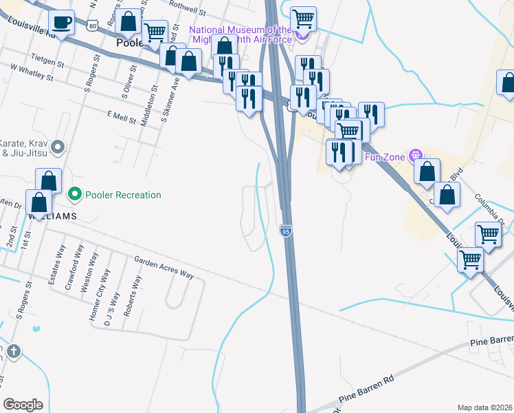 map of restaurants, bars, coffee shops, grocery stores, and more near 318 Governor Gwinnett Way in Pooler