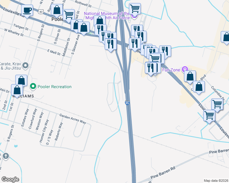 map of restaurants, bars, coffee shops, grocery stores, and more near 586 Governor Treutlen Circle in Pooler