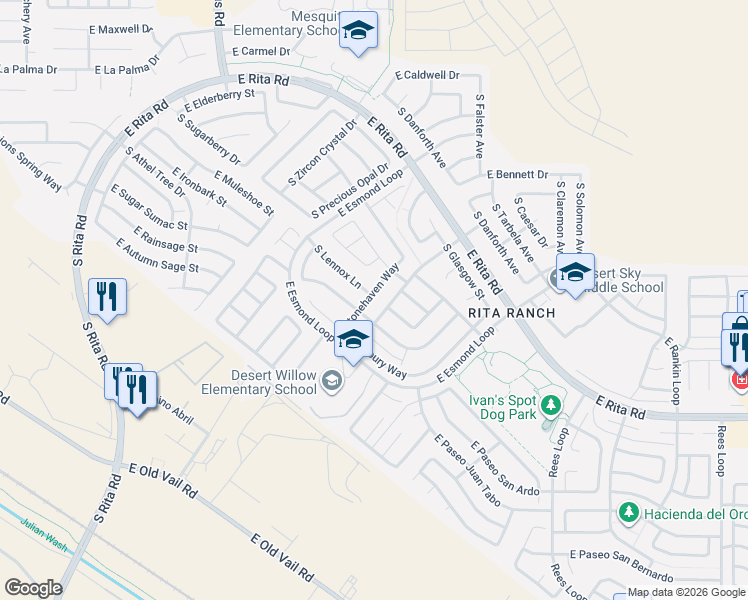 map of restaurants, bars, coffee shops, grocery stores, and more near 9478 East Stonehaven Way in Tucson