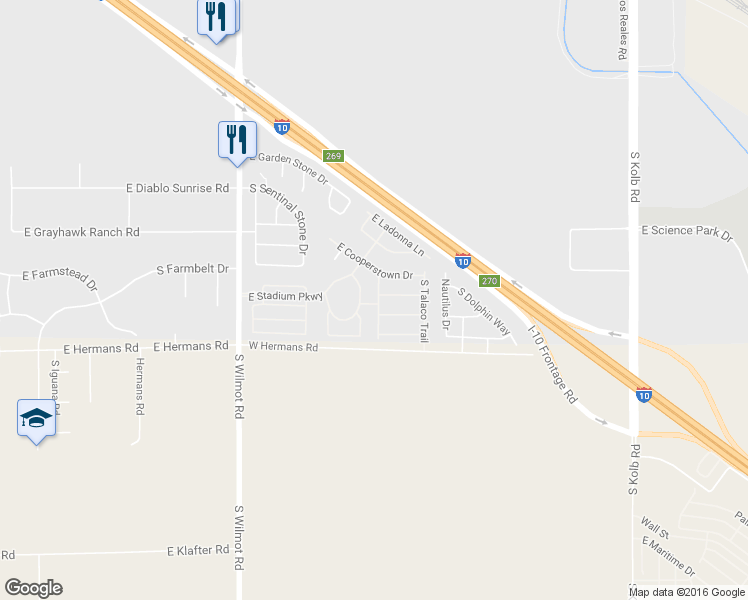 map of restaurants, bars, coffee shops, grocery stores, and more near 6606 East Cooperstown Drive in Tucson