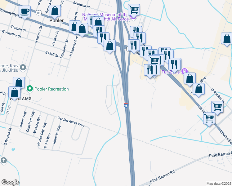 map of restaurants, bars, coffee shops, grocery stores, and more near 586 Governor Treutlen Circle in Pooler
