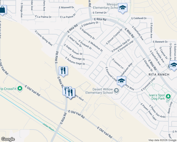 map of restaurants, bars, coffee shops, grocery stores, and more near 9144 East Autumn Sage Street in Tucson