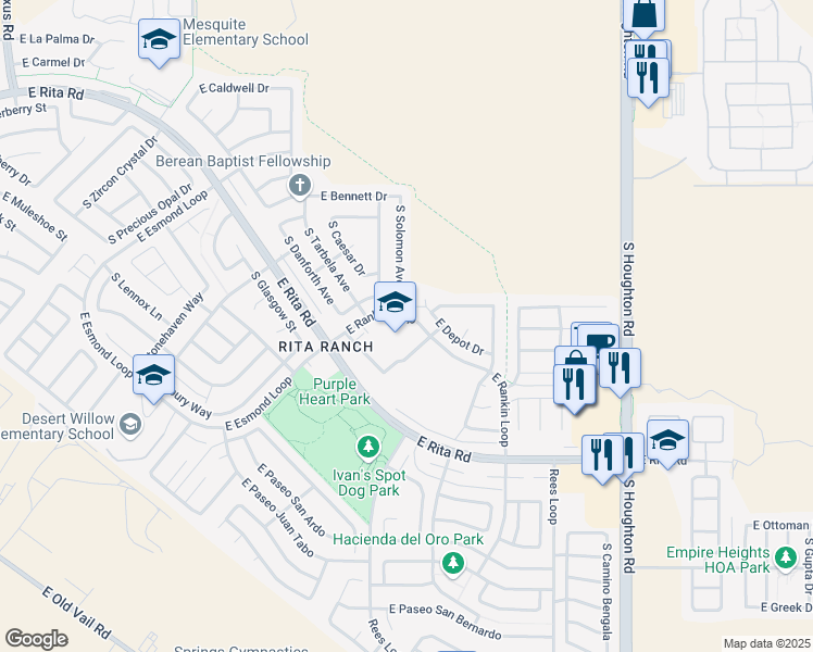 map of restaurants, bars, coffee shops, grocery stores, and more near 9850 East Rankin Loop in Tucson