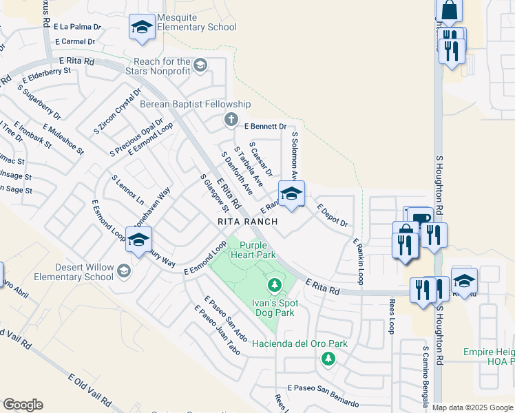 map of restaurants, bars, coffee shops, grocery stores, and more near 9780 East Banbridge Street in Tucson