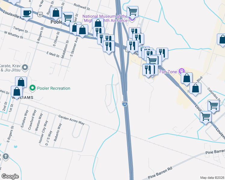 map of restaurants, bars, coffee shops, grocery stores, and more near 586 Governor Treutlen Circle in Pooler
