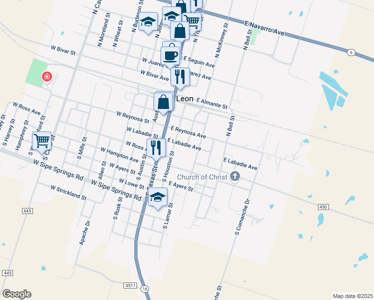map of restaurants, bars, coffee shops, grocery stores, and more near 240 East Labadie Avenue in De Leon