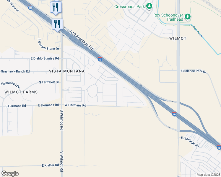 map of restaurants, bars, coffee shops, grocery stores, and more near 6633 East Wrigley Way in Tucson