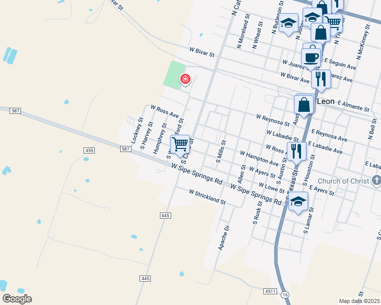 map of restaurants, bars, coffee shops, grocery stores, and more near 509 South Cato Street in De Leon