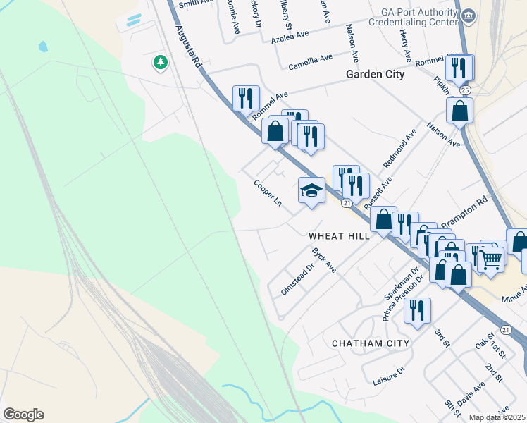 map of restaurants, bars, coffee shops, grocery stores, and more near 145 Priscilla D Thomas Way in Savannah