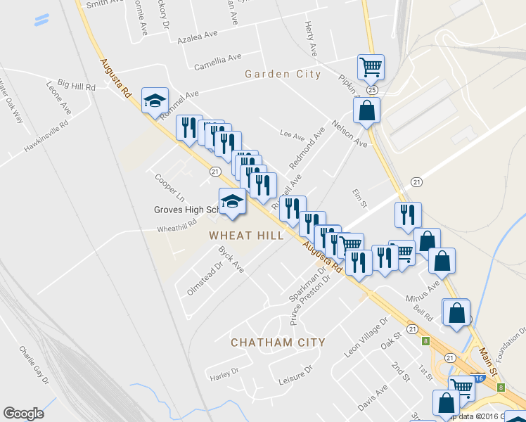 map of restaurants, bars, coffee shops, grocery stores, and more near 4602 Augusta Rd in Garden City