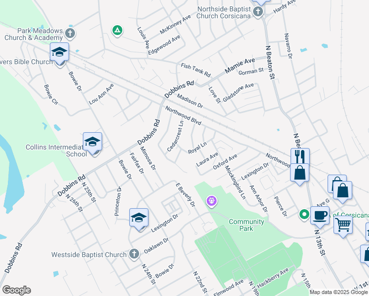 map of restaurants, bars, coffee shops, grocery stores, and more near 1901 Royal Lane in Corsicana