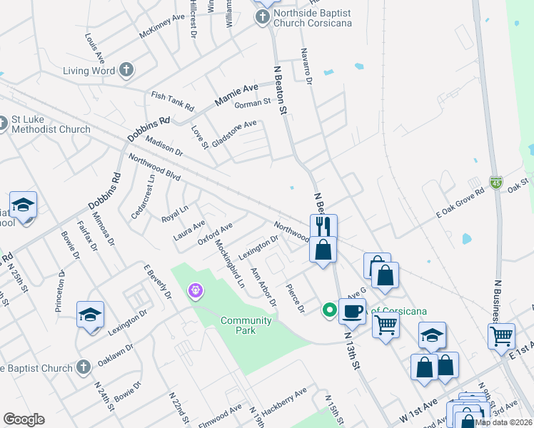 map of restaurants, bars, coffee shops, grocery stores, and more near 324 Northwood Boulevard in Corsicana