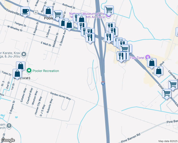 map of restaurants, bars, coffee shops, grocery stores, and more near 425 Governor Treutlen Circle in Pooler