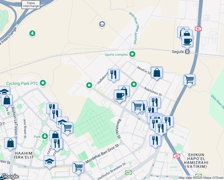 map of restaurants, bars, coffee shops, grocery stores, and more near Aharon Becker Street in Petah Tikva