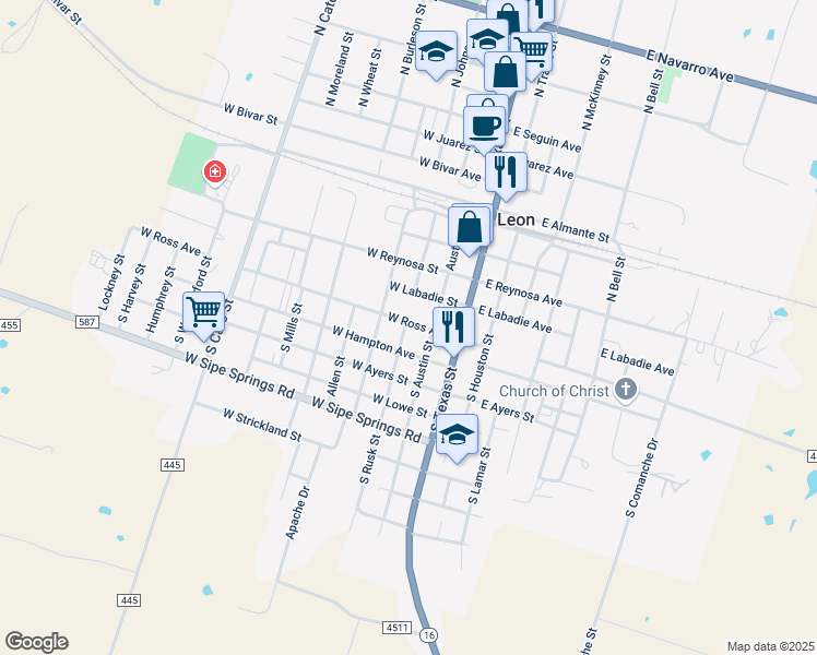 map of restaurants, bars, coffee shops, grocery stores, and more near 240 West Ross Avenue in De Leon
