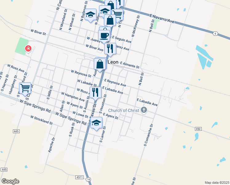 map of restaurants, bars, coffee shops, grocery stores, and more near 240 East Labadie Avenue in De Leon