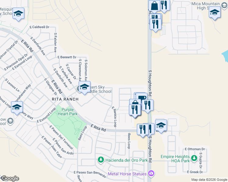 map of restaurants, bars, coffee shops, grocery stores, and more near 10048 East Moonstruck Way in Tucson