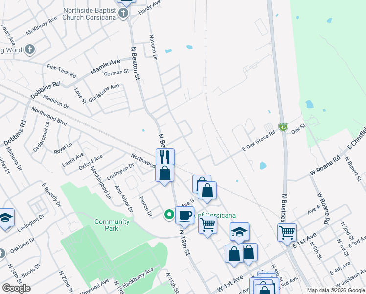 map of restaurants, bars, coffee shops, grocery stores, and more near 120 Woodland Avenue in Corsicana