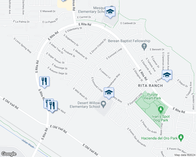 map of restaurants, bars, coffee shops, grocery stores, and more near 7910 South New Abbey Drive in Tucson