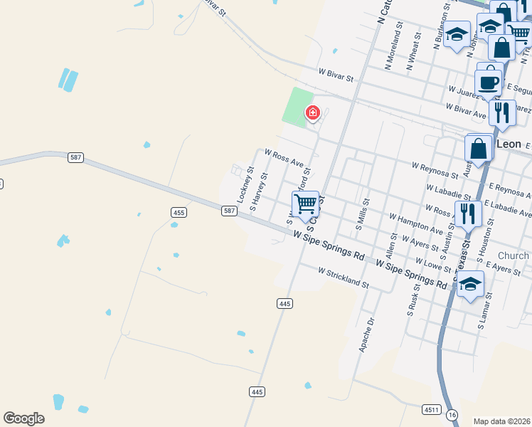 map of restaurants, bars, coffee shops, grocery stores, and more near 608 Humphrey Street in De Leon