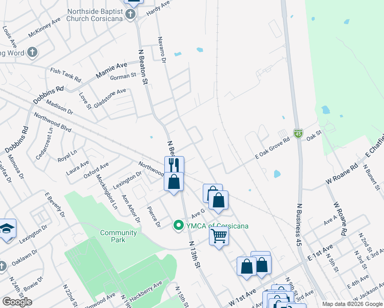 map of restaurants, bars, coffee shops, grocery stores, and more near 120 Woodland Avenue in Corsicana